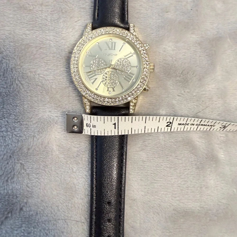 bebe BEB9196RO Rhinestone Gold Tone Black Strap Watch Y2K Glam Untested